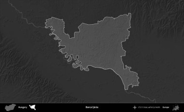 Barcsi jaras. Macaristan 'ın idari alanı kararmış bir gri tonlama yükseklik haritasına vurgulandı ve özetlendi