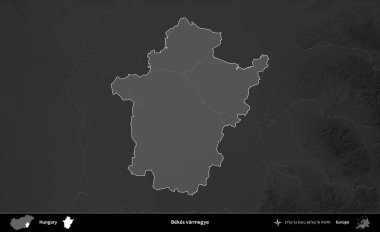Bekes varmegye. Macaristan 'ın idari alanı kararmış bir gri tonlama yükseklik haritasına vurgulandı ve özetlendi
