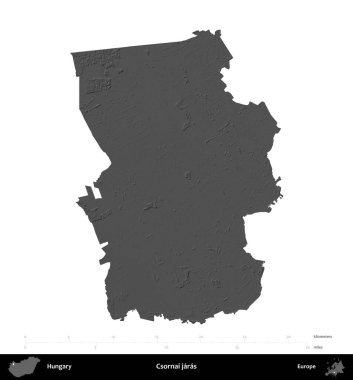 Csornai jaras. Macaristan 'ın idari bölgesi gri ölçekli yükseklik haritasında beyaza izole edildi
