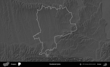 Dombovari jaras. Macaristan 'ın idari bölgesi gri ölçekli yükseklik haritasında belirtilmiş