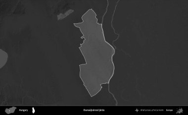Dunaujvarosi jaras. Macaristan 'ın idari alanı kararmış bir gri tonlama yükseklik haritasına vurgulandı ve özetlendi