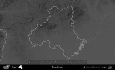 Heves varmegye. Macaristan 'ın idari bölgesi gri ölçekli yükseklik haritasında belirtilmiş