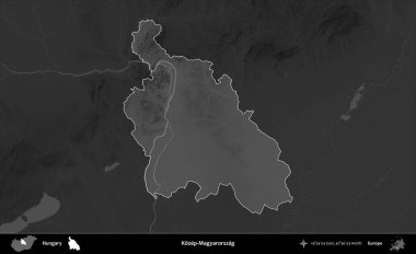 Kozep-Magyarorszag. Macaristan 'ın idari alanı kararmış bir gri tonlama yükseklik haritasına vurgulandı ve özetlendi