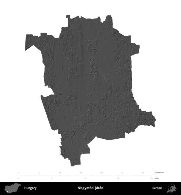 Nagyatadi jaras. Macaristan 'ın idari bölgesi gri ölçekli yükseklik haritasında beyaza izole edildi