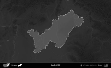 Eszak-Alfold. Macaristan 'ın idari alanı kararmış bir gri tonlama yükseklik haritasına vurgulandı ve özetlendi