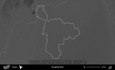 Nyiregyhazi jaras. Macaristan 'ın idari bölgesi gri ölçekli yükseklik haritasında belirtilmiş