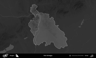 Baş belası Varmegye. Macaristan 'ın idari alanı kararmış bir gri tonlama yükseklik haritasına vurgulandı ve özetlendi