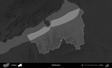 Siofoki jaras. Macaristan 'ın idari alanı kararmış bir gri tonlama yükseklik haritasına vurgulandı ve özetlendi