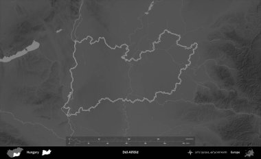 Del-Alfold. Macaristan 'ın idari bölgesi gri ölçekli yükseklik haritasında belirtilmiş