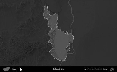 Szekszardi jaras. Macaristan 'ın idari alanı kararmış bir gri tonlama yükseklik haritasına vurgulandı ve özetlendi