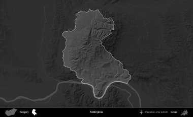 Szobi jaras. Macaristan 'ın idari alanı kararmış bir gri tonlama yükseklik haritasına vurgulandı ve özetlendi