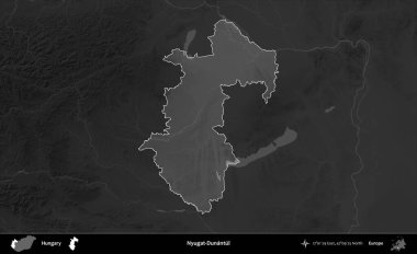 Nyugat-Dunantul. Macaristan 'ın idari alanı kararmış bir gri tonlama yükseklik haritasına vurgulandı ve özetlendi