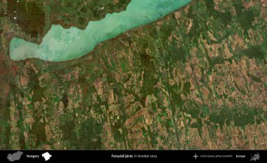 Fonyodi jaras. Ekim 2024 'te çekilen Global Mozaik Sentinel-2 karolarından oluşan bir uydu görüntüsü üzerine Macaristan' ın idari alanı