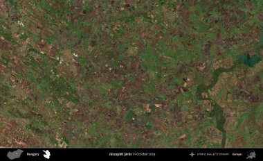 Jaszapati jaras. Ekim 2024 'te çekilen Global Mozaik Sentinel-2 karolarından oluşan bir uydu görüntüsü üzerine Macaristan' ın idari alanı