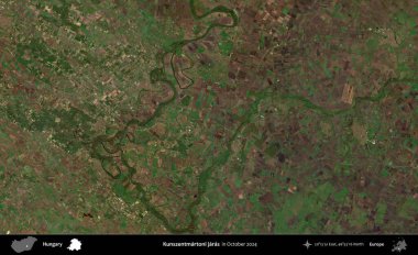 Kunszentmartoni jaras. Ekim 2024 'te çekilen Global Mozaik Sentinel-2 karolarından oluşan bir uydu görüntüsü üzerine Macaristan' ın idari alanı