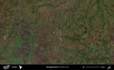 Nyiregyhazi jaras. Ekim 2024 'te çekilen Global Mozaik Sentinel-2 karolarından oluşan bir uydu görüntüsü üzerine Macaristan' ın idari alanı