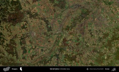 Sarvari jaras. Ekim 2024 'te çekilen Global Mozaik Sentinel-2 karolarından oluşan bir uydu görüntüsü üzerine Macaristan' ın idari alanı