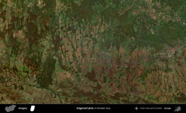 Szigetvari jaras. Ekim 2024 'te çekilen Global Mozaik Sentinel-2 karolarından oluşan bir uydu görüntüsü üzerine Macaristan' ın idari alanı