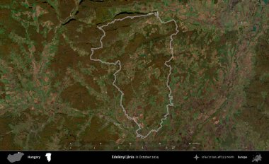 Edelenyi jaras. Macaristan 'ın idari alanı, Ekim 2024' te çekilen Global Mozaik Sentinel-2 karolarından oluşan bir uydu görüntüsü üzerinde özetlenmiştir.