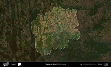 Kaposvari jaras. Macaristan 'ın idari alanı, Ekim 2024' te çekilen Global Mozaik Sentinel-2 karolarından oluşan koyu renkli bir uydu görüntüsü üzerine vurgulandı ve özetlendi