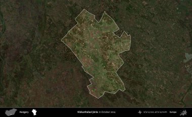 Kiskunhalasi jaras. Macaristan 'ın idari alanı, Ekim 2024' te çekilen Global Mozaik Sentinel-2 karolarından oluşan koyu renkli bir uydu görüntüsü üzerine vurgulandı ve özetlendi