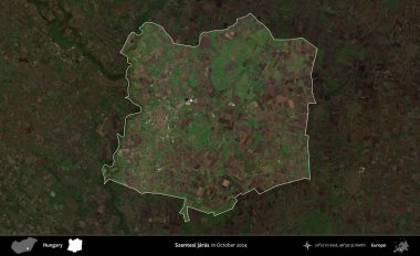 Szentesi jaras. Macaristan 'ın idari alanı, Ekim 2024' te çekilen Global Mozaik Sentinel-2 karolarından oluşan koyu renkli bir uydu görüntüsü üzerine vurgulandı ve özetlendi