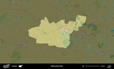 Bekescsabai jaras. Macaristan 'ın idari alanı koyu renkli bir Topografik İnsani Yardım Stili haritasına vurgulandı ve özetlendi