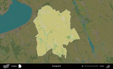 Enyingi jaras. Macaristan 'ın idari alanı koyu renkli bir Topografik İnsani Yardım Stili haritasına vurgulandı ve özetlendi