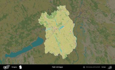 Fejer varmegye. Macaristan 'ın idari alanı koyu renkli bir Topografik İnsani Yardım Stili haritasına vurgulandı ve özetlendi