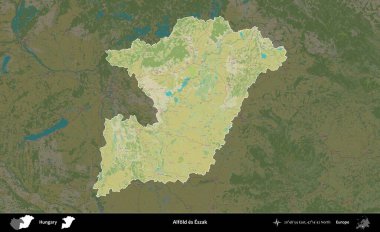 Alfold es Eszak. Macaristan 'ın idari alanı koyu renkli bir Topografik İnsani Yardım Stili haritasına vurgulandı ve özetlendi