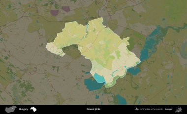Hevesi jaras. Macaristan 'ın idari alanı koyu renkli bir Topografik İnsani Yardım Stili haritasına vurgulandı ve özetlendi