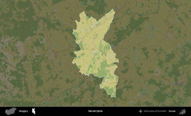 Sarvari jaras. Macaristan 'ın idari alanı koyu renkli bir Topografik İnsani Yardım Stili haritasına vurgulandı ve özetlendi