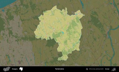 Tamasi jaras. Macaristan 'ın idari alanı koyu renkli bir Topografik İnsani Yardım Stili haritasına vurgulandı ve özetlendi
