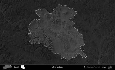 Tamam Bardejov. Slovakya 'nın idari alanı kararmış bir gri tonlama yükseklik haritasına vurgulandı ve özetlendi