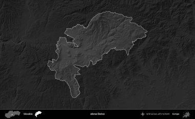 Tamam Detva. Slovakya 'nın idari alanı kararmış bir gri tonlama yükseklik haritasına vurgulandı ve özetlendi
