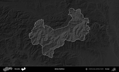 Tamam Gelnica. Slovakya 'nın idari alanı kararmış bir gri tonlama yükseklik haritasına vurgulandı ve özetlendi