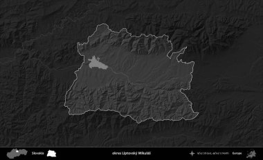 Tamam Liptovsky Mikulas. Slovakya 'nın idari alanı kararmış bir gri tonlama yükseklik haritasına vurgulandı ve özetlendi