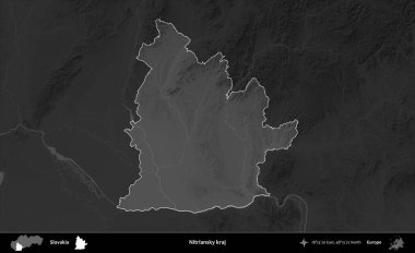 Nitriansky kraj. Slovakya 'nın idari alanı kararmış bir gri tonlama yükseklik haritasına vurgulandı ve özetlendi