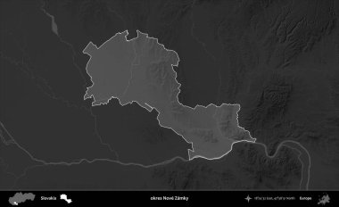 Tamam Nove Zamky. Slovakya 'nın idari alanı kararmış bir gri tonlama yükseklik haritasına vurgulandı ve özetlendi