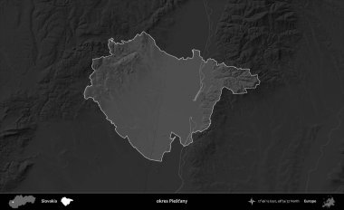 Tamam Piestany. Slovakya 'nın idari alanı kararmış bir gri tonlama yükseklik haritasına vurgulandı ve özetlendi