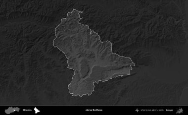 Tamam Roznava. Slovakya 'nın idari alanı kararmış bir gri tonlama yükseklik haritasına vurgulandı ve özetlendi
