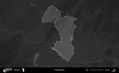 Trnavsky kraj. Slovakya 'nın idari alanı kararmış bir gri tonlama yükseklik haritasına vurgulandı ve özetlendi