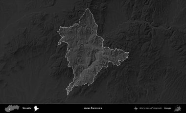 Zarnovica 'yı oku. Slovakya 'nın idari alanı kararmış bir gri tonlama yükseklik haritasına vurgulandı ve özetlendi