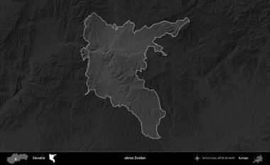 Tamam Zvolen. Slovakya 'nın idari alanı kararmış bir gri tonlama yükseklik haritasına vurgulandı ve özetlendi