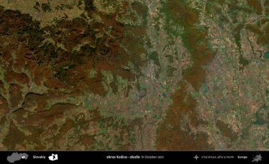 Tamam Kosice - Okolie. Slovakya 'nın idari alanı, Global Mozaik Sentinel-2' nin Ekim 2021 'de çekilmiş uydu görüntüsü üzerine kurulmuştur.