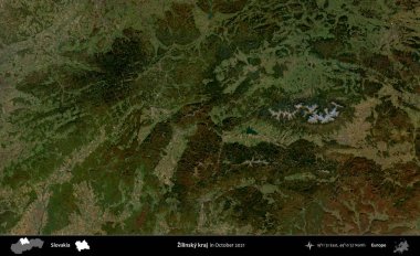 Zilinsky kraj. Slovakya 'nın idari alanı, Global Mozaik Sentinel-2' nin Ekim 2021 'de çekilmiş uydu görüntüsü üzerine kurulmuştur.