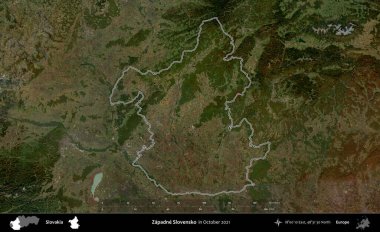 Zapadne Slovensko. Slovakya 'nın idari alanı, Global Mozaik Sentinel-2' nin Ekim 2021 'de çekilmiş bir uydu görüntüsüyle özetlenmiştir.