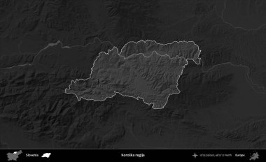 Koroska Rejimi. Slovenya 'nın idari alanı koyu gri tonlu yükselme haritasına vurgulandı ve ana hatları çizildi