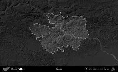 Sevnica. Slovenya 'nın idari alanı koyu gri tonlu yükselme haritasına vurgulandı ve ana hatları çizildi