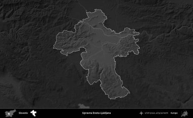 Upravna Enota Ljubljana. Slovenya 'nın idari alanı koyu gri tonlu yükselme haritasına vurgulandı ve ana hatları çizildi